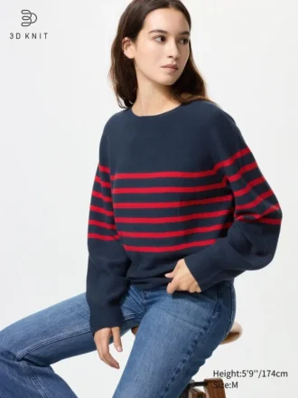 Women’s 3D Knit Cotton Volume Sleeve Sweater | Striped