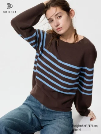 Women’s 3D Knit Cotton Volume Sleeve Sweater | Striped