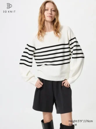 Women’s 3D Knit Cotton Volume Sleeve Sweater | Striped