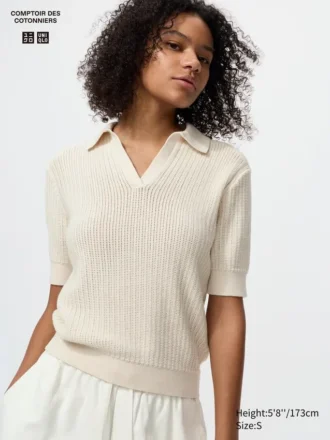 Women’s Cotton Pointelle Skipper Polo Sweater