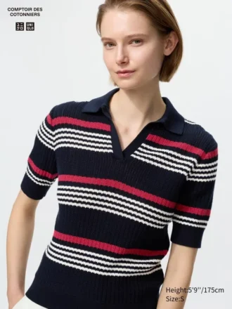 Women’s Cotton Pointelle Skipper Polo Sweater | Striped