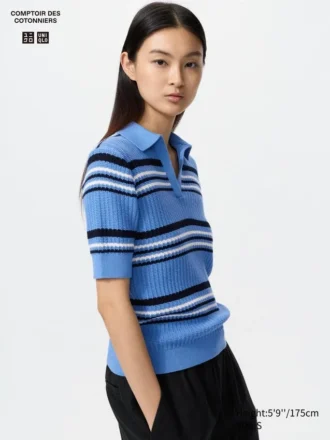 Women’s Cotton Pointelle Skipper Polo Sweater | Striped