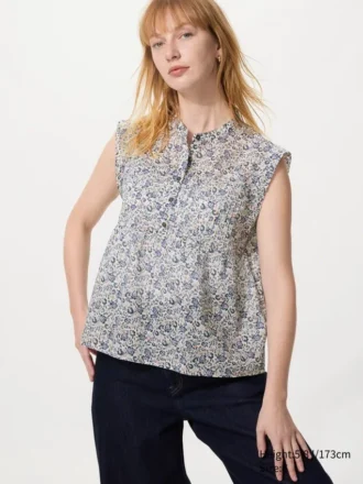 Women’s Light Cotton Pintuck Blouse | Sleeveless | Print