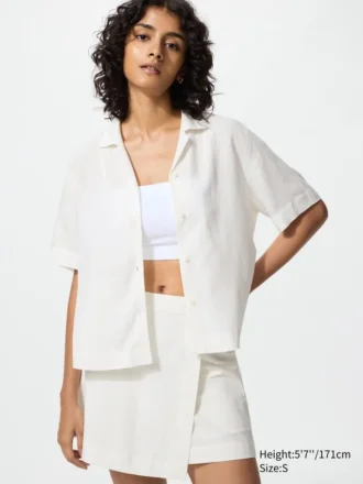 Women’s Linen Blend Open Collar Shirt | Short Sleeve