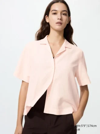 Women’s Linen Blend Open Collar Shirt | Short Sleeve