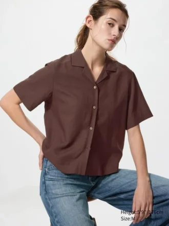 Women’s Linen Blend Open Collar Shirt | Short Sleeve