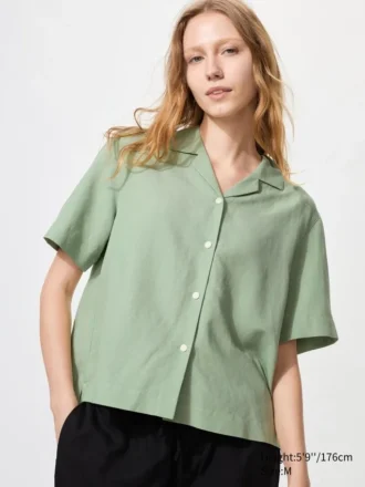 Women’s Linen Blend Open Collar Shirt | Short Sleeve