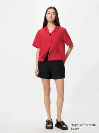Women’s Linen Blend Open Collar Shirt | Short Sleeve
