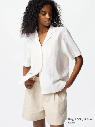 Women’s Linen Blend Open Collar Shirt | Short Sleeve | Striped