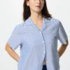 Women’s Linen Blend Open Collar Shirt | Short Sleeve | Striped