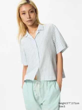 Women’s Linen Blend Open Collar Shirt | Short Sleeve | Striped