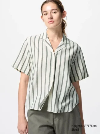 Women’s Linen Blend Open Collar Shirt | Short Sleeve | Striped