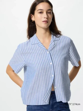 Women’s Linen Blend Open Collar Shirt | Short Sleeve | Striped
