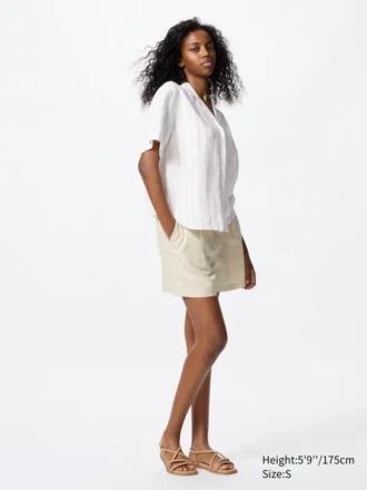 Women’s Linen Blend Open Collar Shirt | Short Sleeve | Striped