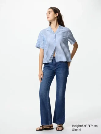 Women’s Linen Blend Open Collar Shirt | Short Sleeve | Striped