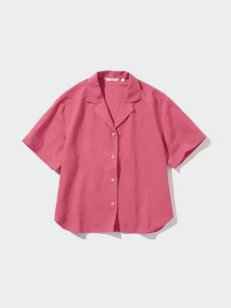 Women’s Linen Blend Open Collar Short Sleeve Shirt