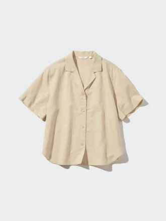 Women’s Linen Blend Open Collar Short Sleeve Shirt