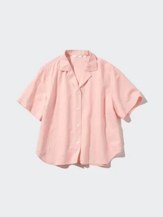 Women’s Linen Blend Open Collar Short Sleeve Shirt