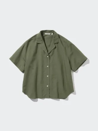 Women’s Linen Blend Open Collar Short Sleeve Shirt