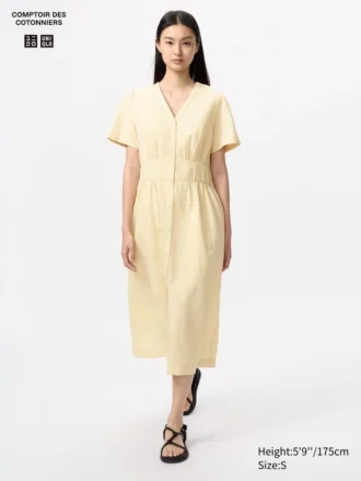 Women’s Linen Blend V-Neck Dress | Short Sleeve