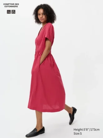 Women’s Linen Blend V-Neck Dress | Short Sleeve