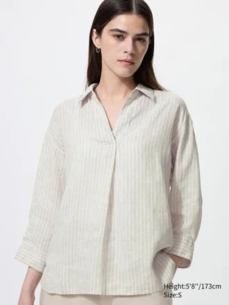 Women’s Premium Linen Skipper Collar 3/4 Sleeve Shirt | Striped