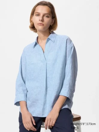 Women’s Premium Linen Skipper Collar 3/4 Sleeve Shirt | Striped