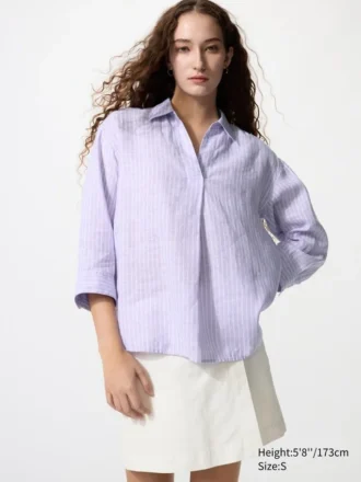 Women’s Premium Linen Skipper Collar 3/4 Sleeve Shirt | Striped