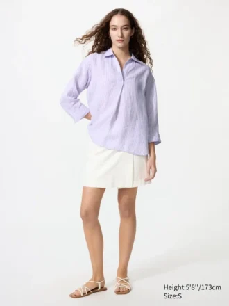 Women’s Premium Linen Skipper Collar 3/4 Sleeve Shirt | Striped