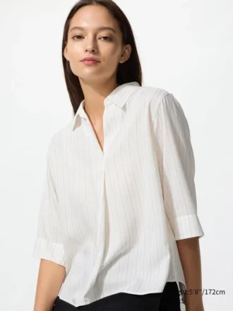 Women’s Rayon Skipper Collar 3/4 Sleeve Blouse | Striped
