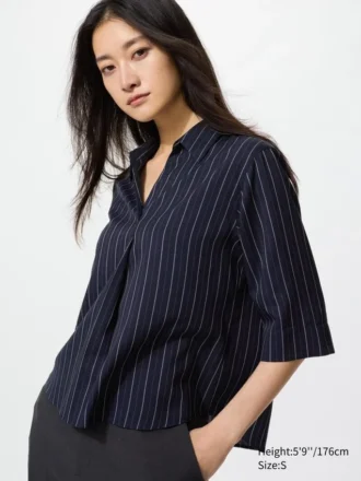 Women’s Rayon Skipper Collar 3/4 Sleeve Blouse | Striped