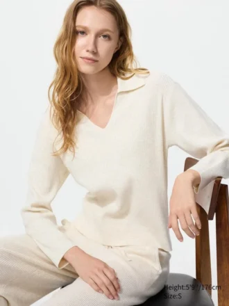 Women’s Washable Knit Ribbed Polo Sweater